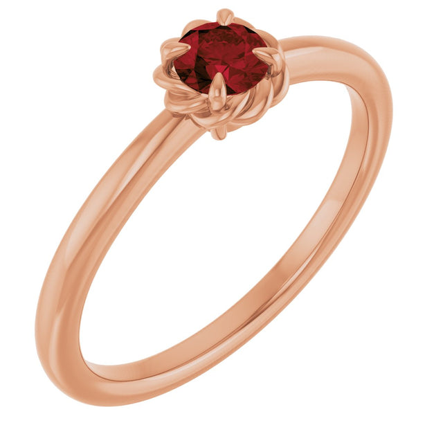14K Gold Round Natural Mozambique Garnet Claw-Prong Rope Solitaire Ring - Rose Gold