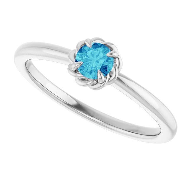 14K Gold Round Natural Blue Zircon Claw-Prong Rope Solitaire Ring - White Gold - view 5