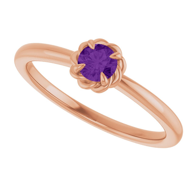 14K Gold Round Natural Amethyst Claw-Prong Rope Solitaire Ring - Rose Gold - view 5