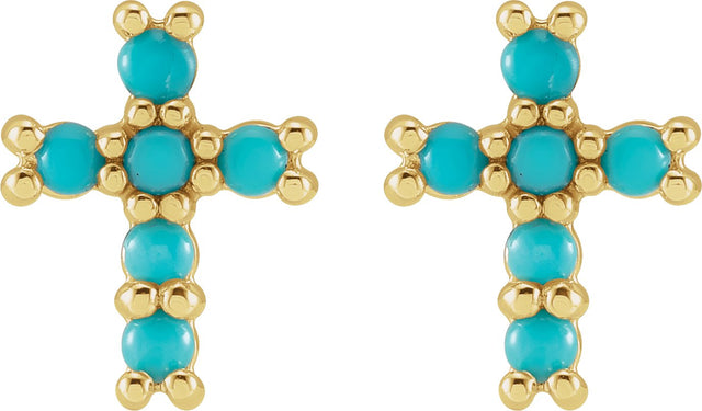 14K Gold Round Natural Turquoise Cross Earrings - Yellow Gold - view 2