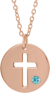 14K Gold Round Natural Blue Zircon Pierced Cross Disc Necklace or Pendant - Rose Gold