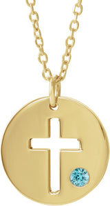 14K Gold Round Natural Blue Zircon Pierced Cross Disc Necklace or Pendant - Yellow Gold