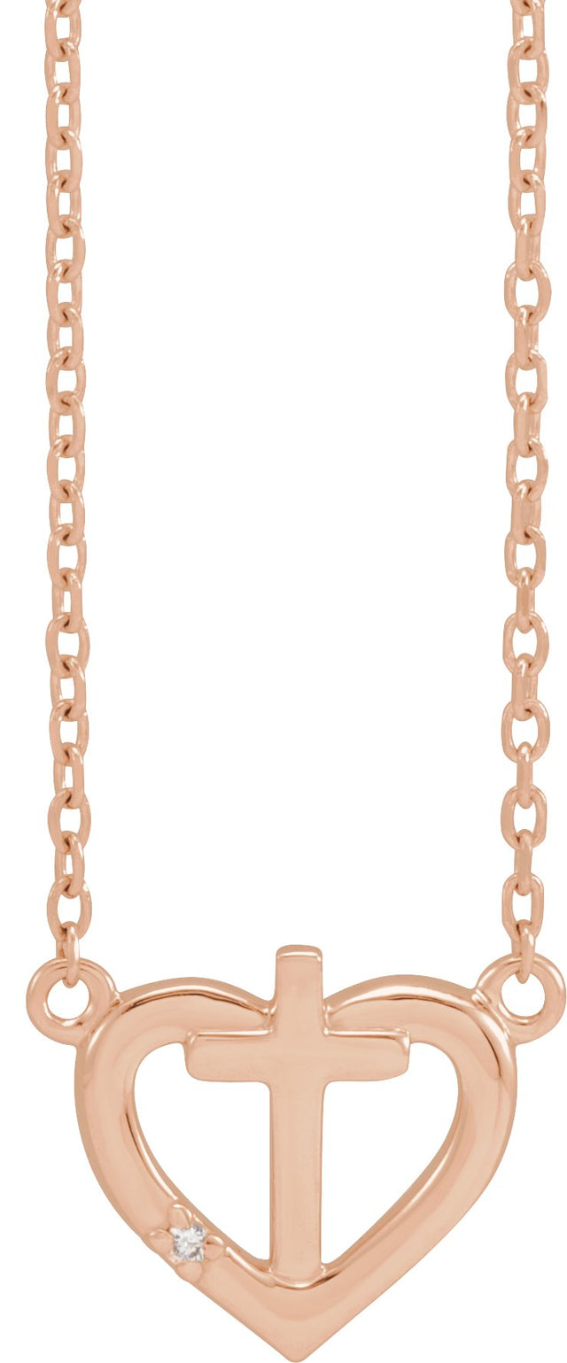 14K Gold Round Natural Diamond Heart & Cross Necklace – up to 0.0025 CTW - Rose Gold