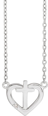 14K Gold Round Natural Diamond Heart & Cross Necklace – up to 0.0025 CTW - White Gold