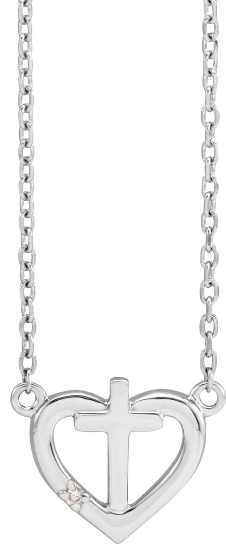 Platinum Round Natural Diamond Heart & Cross Necklace – up to 0.0025 CTW
