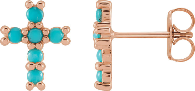 14K Gold Round Natural Turquoise Cross Earrings - Rose Gold