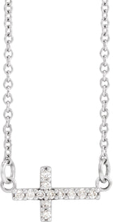 14K Gold Round Natural Diamond Sideways Cross Necklace - White Gold