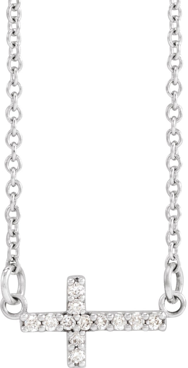 14K Gold Round Natural Diamond Sideways Cross Necklace - White Gold