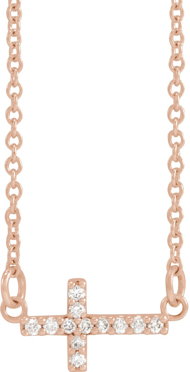 14K Gold Round Natural Diamond Sideways Cross Necklace - Rose Gold