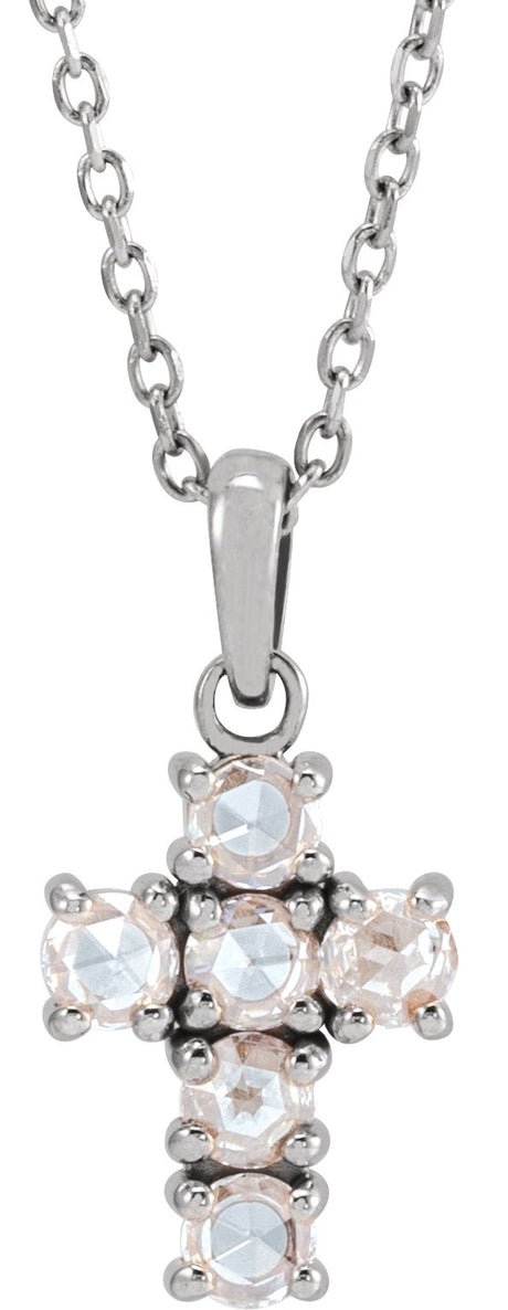 14K Gold Round Natural Diamond Rose-Cut Cross Necklace or Pendant - White Gold