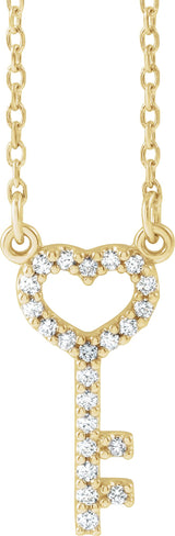14K Gold Round Natural Diamond Petite Heart Key Necklace - Yellow Gold