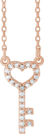 14K Gold Round Natural Diamond Petite Heart Key Necklace - Rose Gold