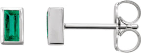 14K Gold Natural Emerald Straight Baguette Bezel-Set Stud Earrings - White Gold