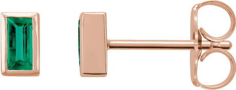 14K Gold Natural Emerald Straight Baguette Bezel-Set Stud Earrings - Rose Gold