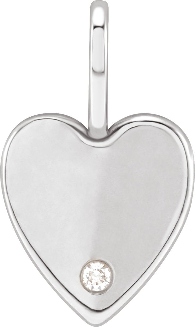 14K Gold Round Natural Diamond Engravable Accented Heart Pendant - White Gold
