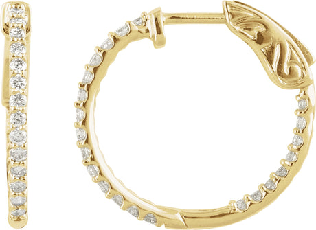 14K Gold Round Natural Diamond Inside-Outside Hoop Earrings – 1.3-2.6mm Stones - Yellow Gold