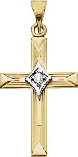 14K Gold Round Natural Diamond Etched Cross Pendant