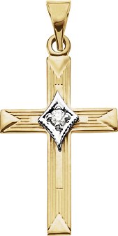 14K Gold Round Natural Diamond Etched Cross Pendant