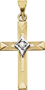 14K Gold Round Natural Diamond Etched Cross Pendant