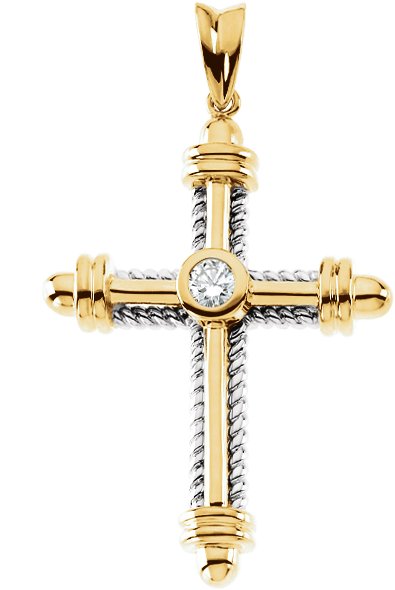 14K Gold Round Natural Diamond Cross Pendant – 4.3mm Stones