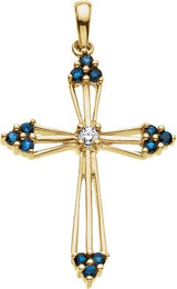 14K Gold Round Natural Blue Sapphire Accented Cross Pendant