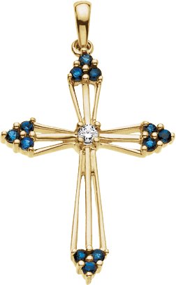 14K Gold Round Natural Blue Sapphire Accented Cross Pendant