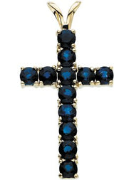 14K Gold Round Natural Blue Sapphire Accented Cross Pendant II - Yellow Gold