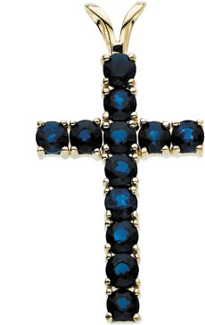 14K Gold Round Natural Blue Sapphire Accented Cross Pendant II - Yellow Gold