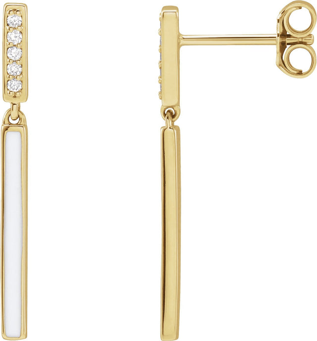 14K Gold Round Natural Diamond Enamel Bar Earrings - Yellow Gold