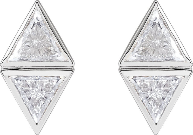 14K Gold Triangle Natural Diamond Two-Stone Bezel-Set Earrings - White Gold - view 2