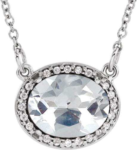 14K Gold Oval White Diamond Halo-Style Necklace - White Gold
