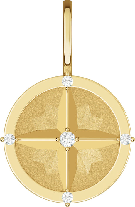 14K Gold Round Natural Diamond Compass Pendant - Yellow Gold
