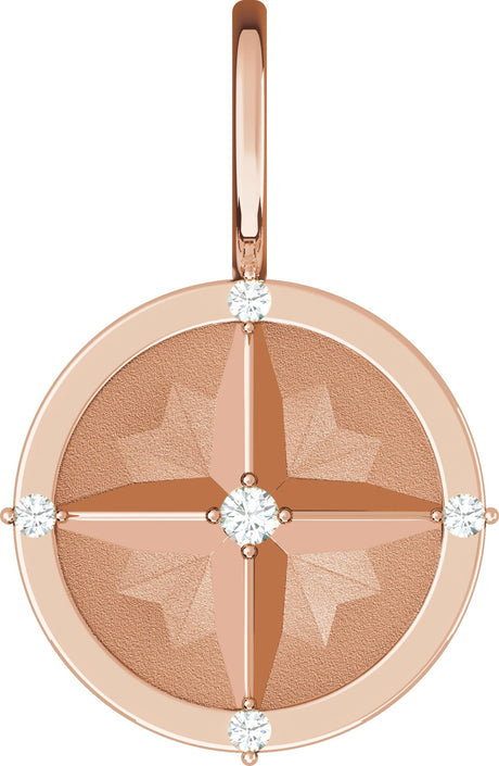 14K Gold Round Natural Diamond Compass Pendant - Rose Gold