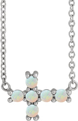 14K Gold Round Natural White Opal Sideways Cross Necklace - White Gold