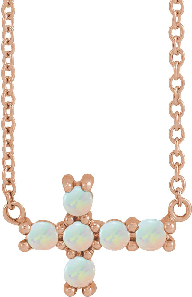 14K Gold Round Natural White Opal Sideways Cross Necklace - Rose Gold
