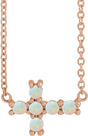 14K Gold Round Natural White Opal Sideways Cross Necklace - Rose Gold