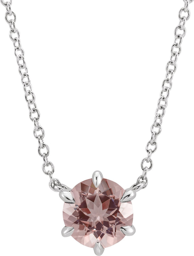 14K Gold Round Natural Pink Morganite Solitaire Necklace - White Gold