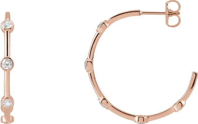 14K Gold Round Natural Diamond Bezel-Set Hoop Earrings – 2-2.5mm Stones - Rose Gold