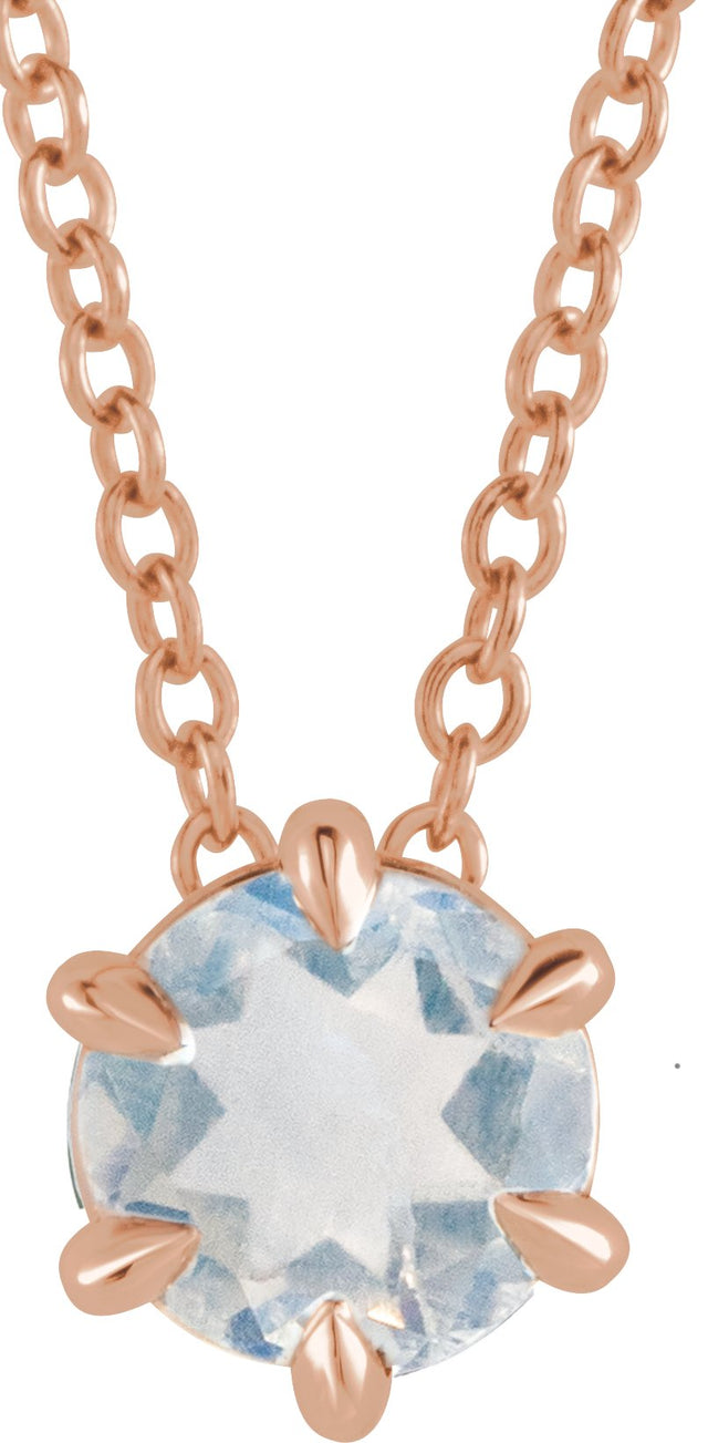 14K Gold Round Natural Blue Moonstone Solitaire Necklace or Slide Pendant - Rose Gold