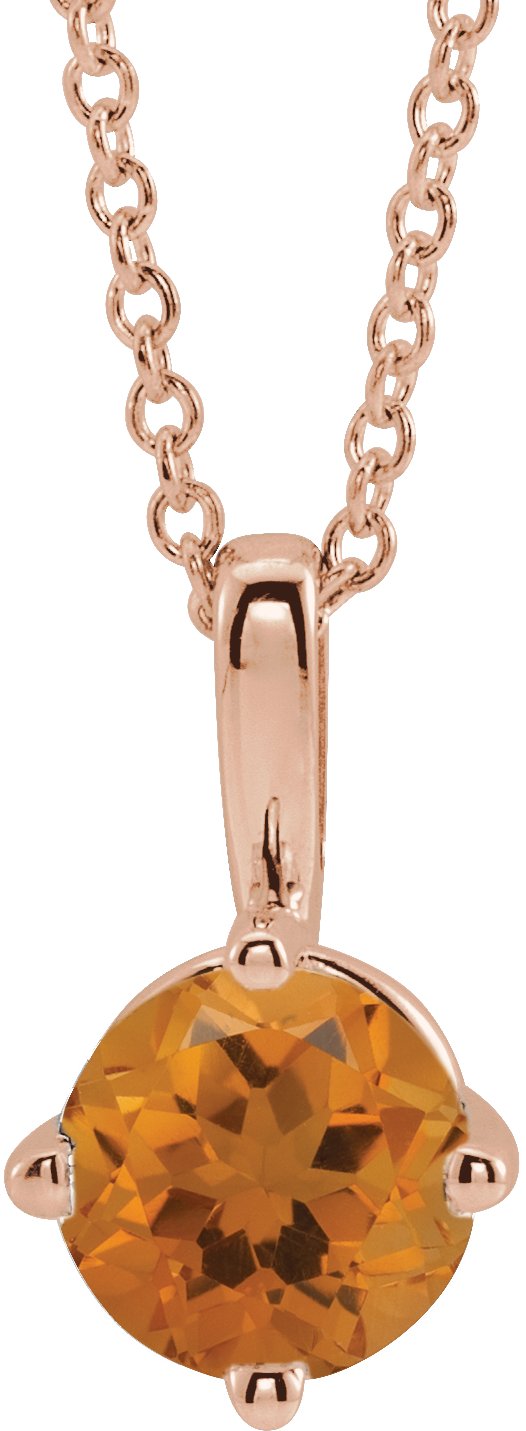 14K Gold Round Natural Citrine Solitaire Necklace or Pendant II - Rose Gold