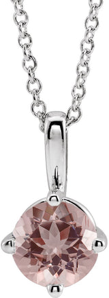 14K Gold Round Natural Pink Morganite Solitaire Necklace or Pendant - White Gold