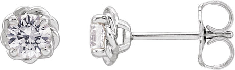 Platinum Natural White Sapphire Round 4-Prong Claw Rope Stud Earrings
