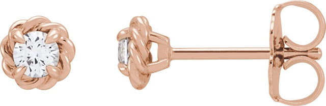14K Gold Natural White Sapphire Round 4-Prong Claw Rope Stud Earrings - Rose Gold