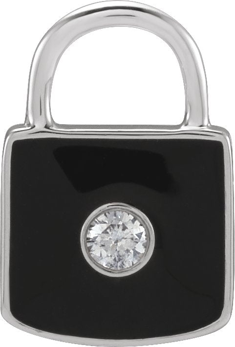 14K Gold Accented Enamel Lock Pendant - White Gold