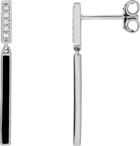 14K Gold Round Natural Diamond Enamel Bar Earrings - White Gold