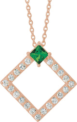 14K Gold Square Natural Emerald Accented Geometric Necklace or Pendant - Rose Gold