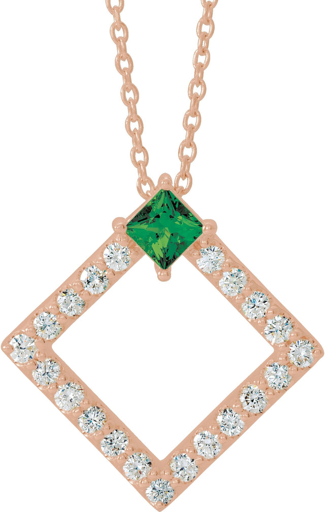 14K Gold Square Natural Emerald Accented Geometric Necklace or Pendant - Rose Gold