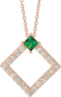 14K Gold Square Natural Emerald Accented Geometric Necklace or Pendant - Rose Gold