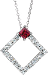 14K Gold Square Natural Ruby Accented Geometric Necklace or Pendant - White Gold