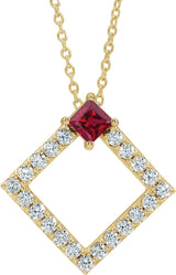 14K Gold Square Natural Ruby Accented Geometric Necklace or Pendant - Yellow Gold
